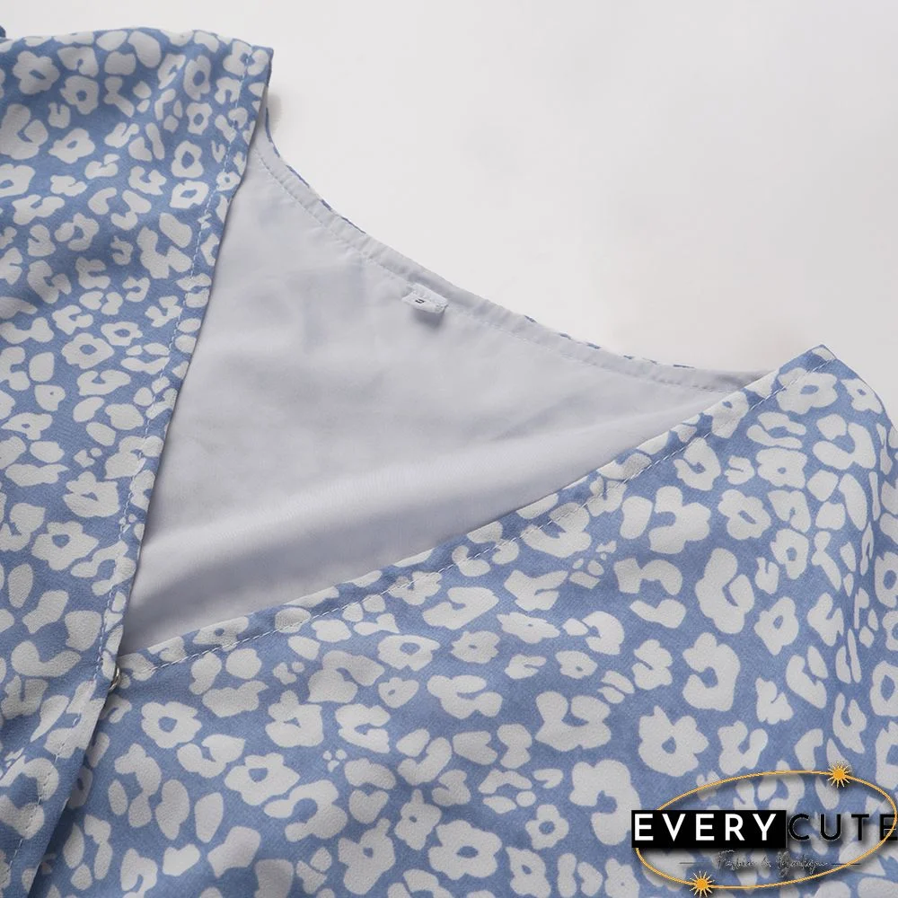 Light Blue V Neck Ruffle Detail Tie Waist Floral Dress