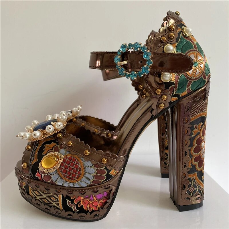 VCSHOES Exotic Style Embroidery Satin Wedding Shoes Woman Chunky Heel Diamond Plarform Beaded Rivet Flower Sandals Women