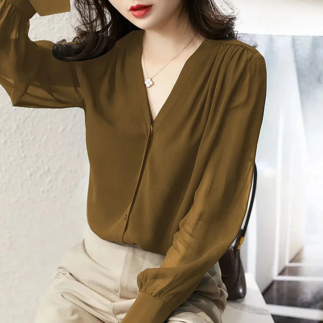 2023 French Casual Solid Women Tops Elegant Loose Blouse Women Long Sleeve Shirt V-neck Button Up Top Blusas Silk Cardigan