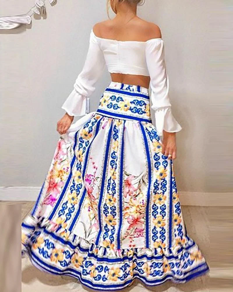 Off Shoulder Notched Flared Sleeve Chics Crop Top & Floral Print Maxi Skirt Set
