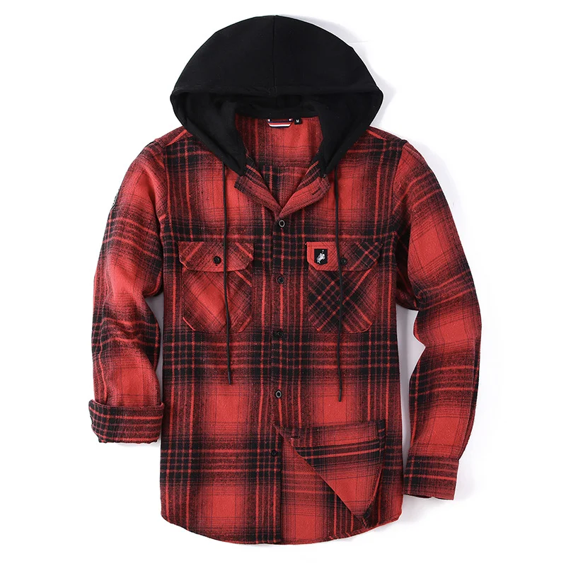 Men's Thick Hooded Flannel Shirt Loose Long Sleeved Warm Plaid Shirt