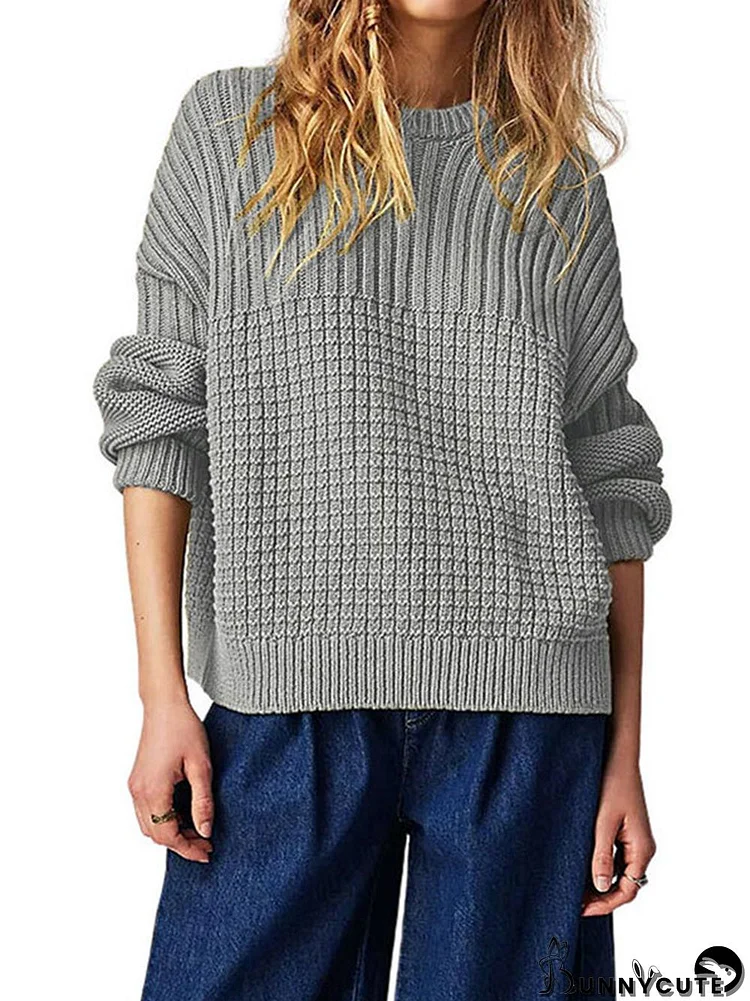 Long Sleeves Loose Solid Color Round-Neck Pullovers Sweater Tops