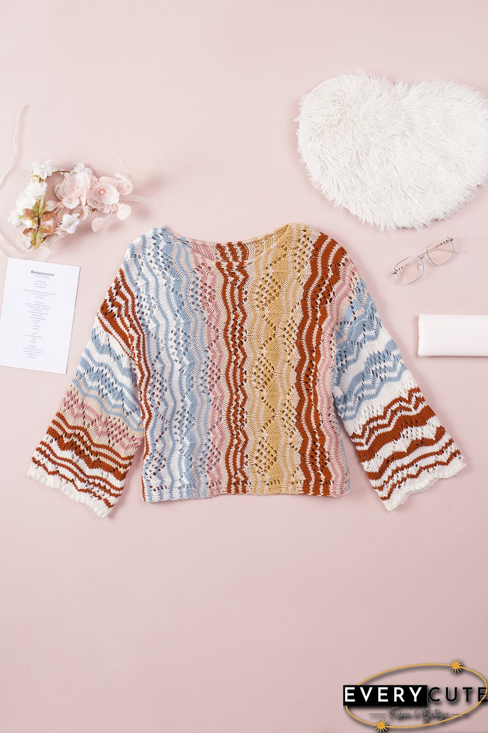 Multicolor Stripe Knit Hollow Out Drop Shoulder Sweater