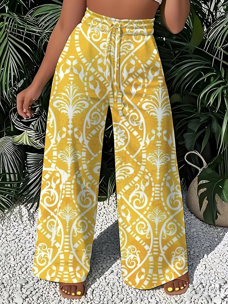 Women's Tropical Print Bohemian Wide-Leg Pants - Lightweight, Elastic Waistband, Loose Fit Beach Vacation & Outdoor Casual Pants With Pockets, Beach Pant