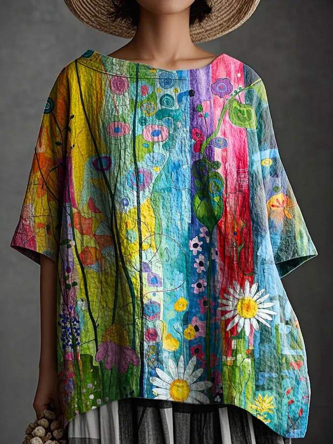 Women's Art Floral Hippie Print Round Neck Half Sleeves