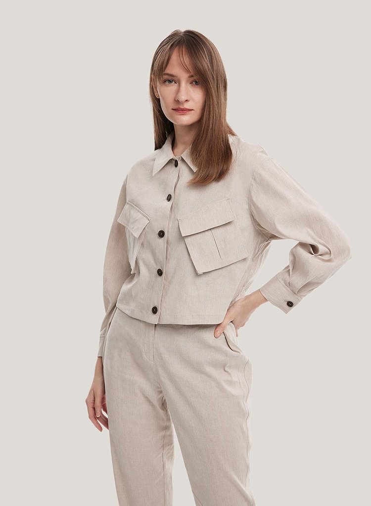 Chest-Pocket Cropped Hem Linen Shirt
