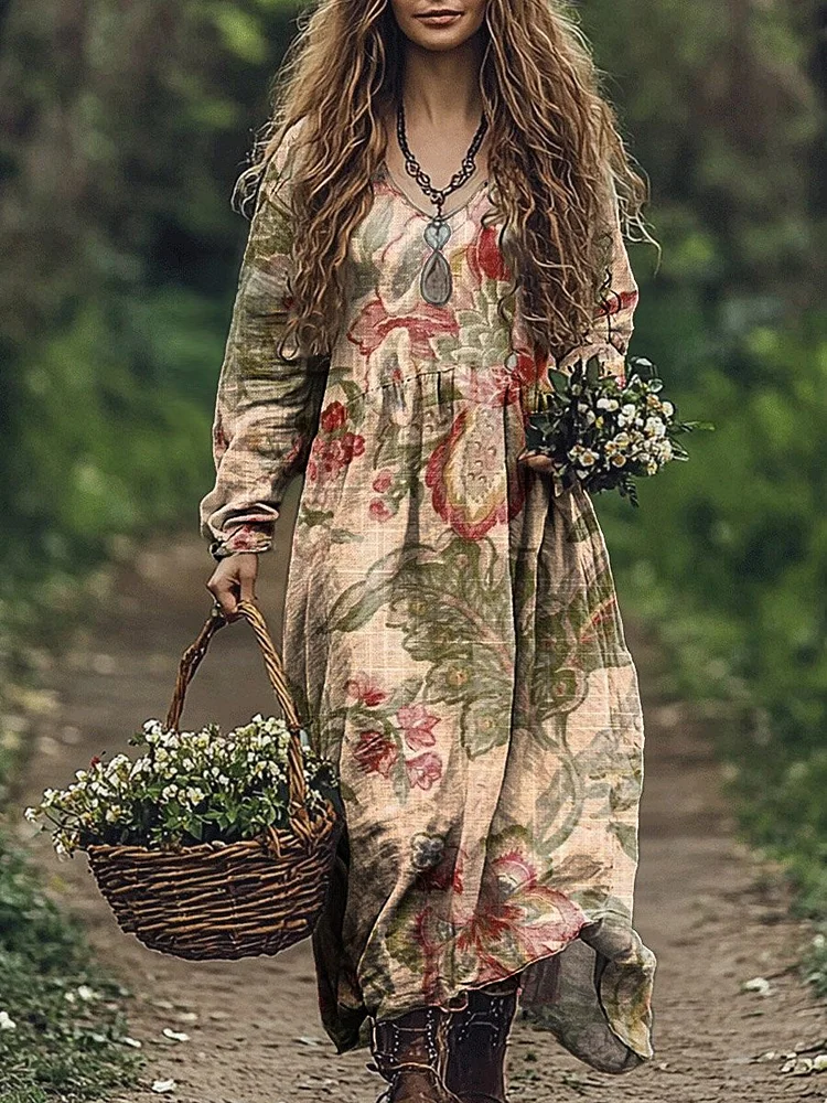 Women's Vintage Flower Print Pocket Cotton Dress