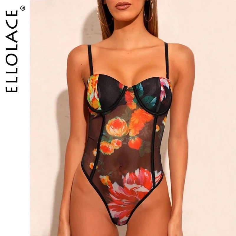 Ellolace Lace Bodysuit Floral Women's Rompers Bodycon Transparent Women's Jumpsuit Sexy Babydolls Sleveless Overalls Body Suit