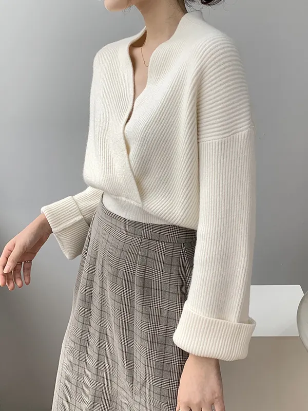 Long Sleeves Asymmetric Solid Color V-Neck Knitwear Pullovers Sweater