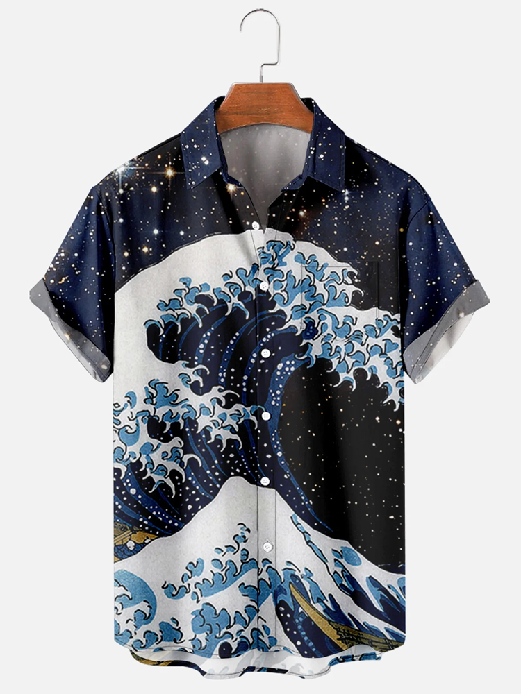 Mens Japanese Ukiyoe Wave Print Casual Breathable Chest Pocket Short Sleeve Hawaiian Shirts