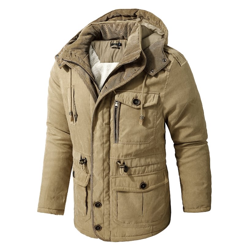 Men's Cashmere Hooded Thickened Multi Pocket Casual Coat Padded Jacket