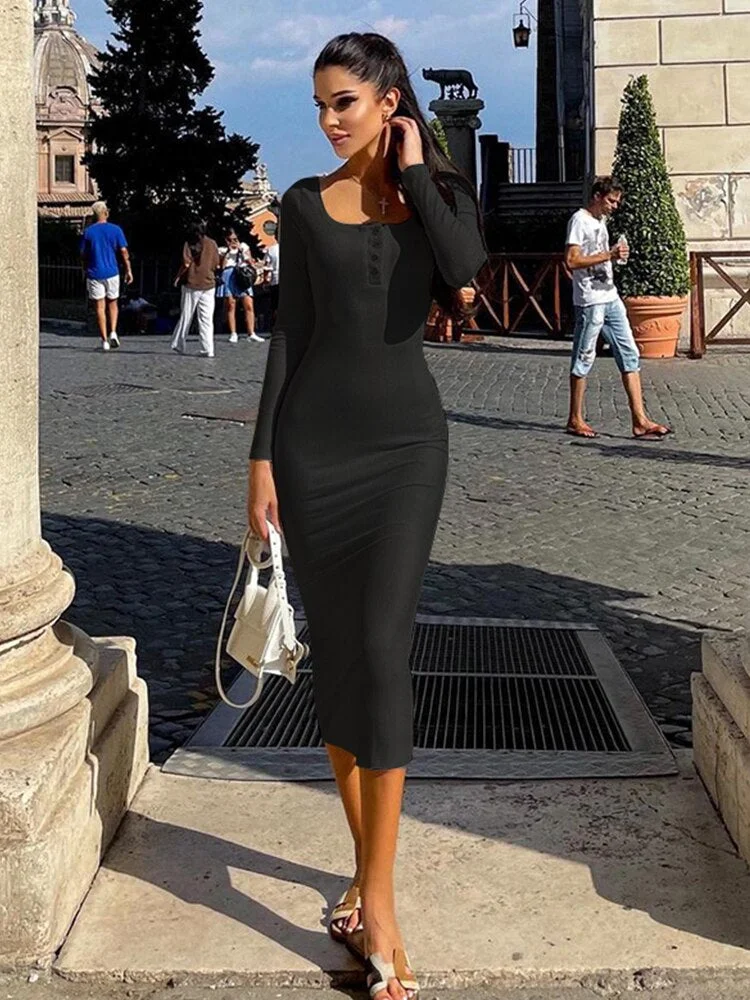 WannaThis Knit Midi Dresses For Women Sexy Button Elegant Long Sleeve Square Collar Bodycon Basic Autumn Casual Fashion Dresses
