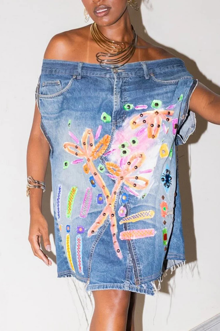 Plus Size Party Blue Graphic Off The Shoulder Denim Mini Dresses [Pre-Order]