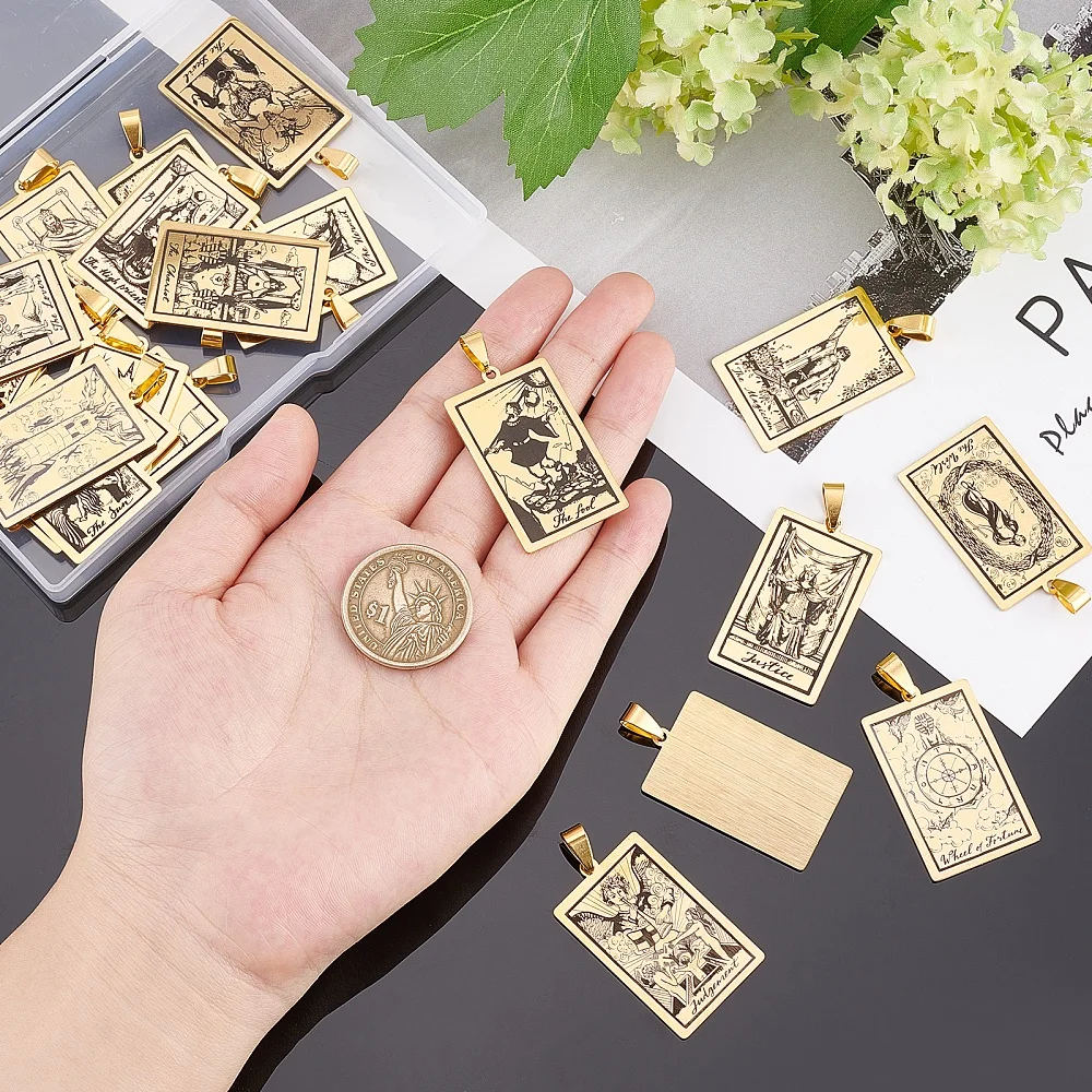 1 Box 22pcs Tarot Card Pendant Necklace Stainless Steel Engraved Tarot Pattern Charms Vintage Golden Rectangle Divination Future Pendant With Clasp For Jewelry Making DIY Crafts