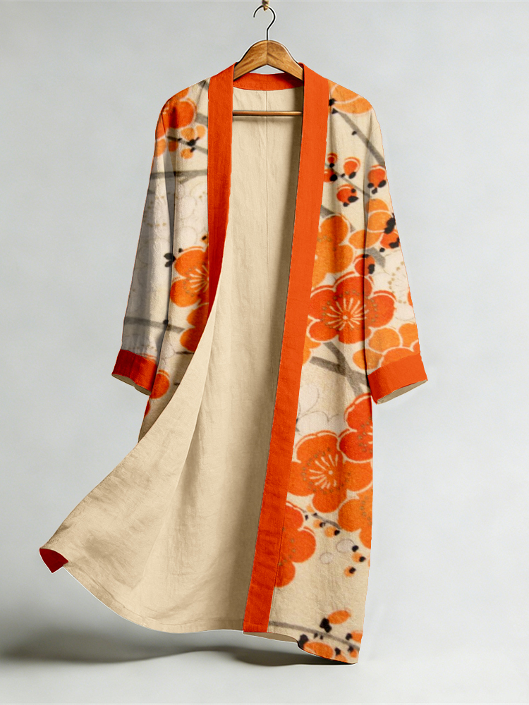 Vintage Japanese Plum Blossom Flowy Linen Long Kimono  artssus