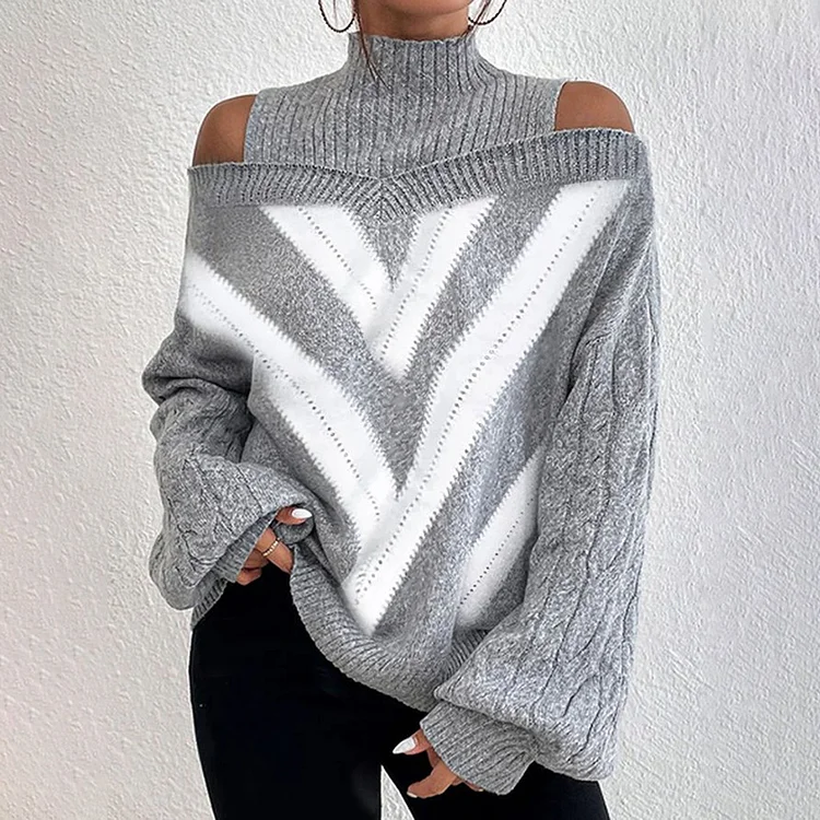 High Collar Geometric Contrast Color Knit Sweater