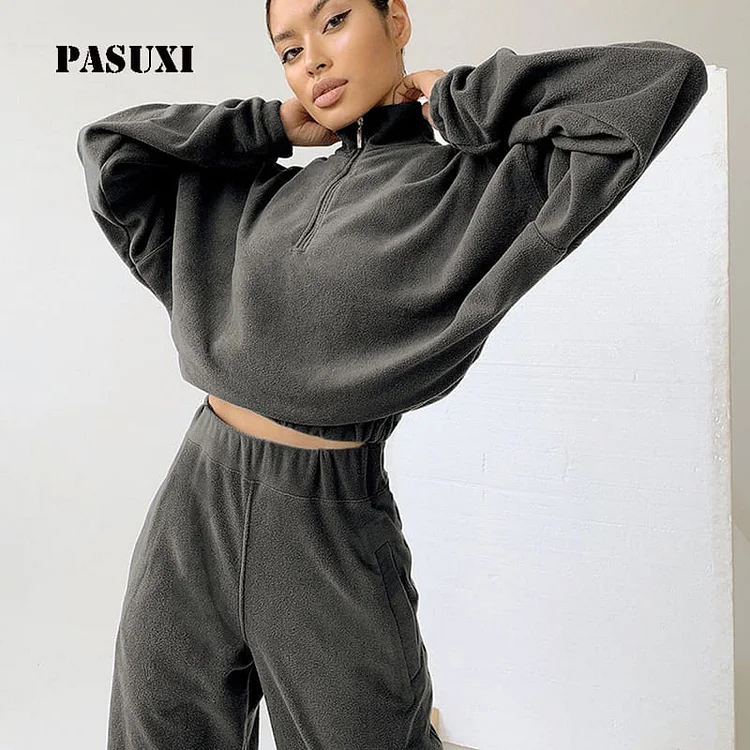 PASUXI Women's Modern Stand Collar Two Piece Sweater Set Half Zipper Knit Lounge Suit  huanwei