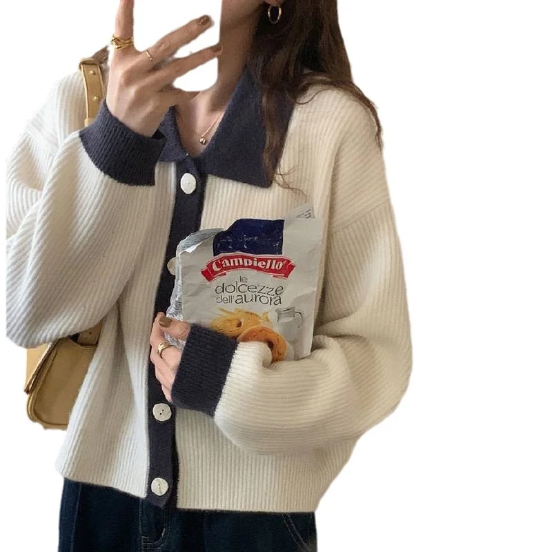 Toloer Toloer Fashion Women's Top 2024 Polo Collar Color Long Sleeve Loose Knit Cardigan Coat Tide-Outfit Ideas
