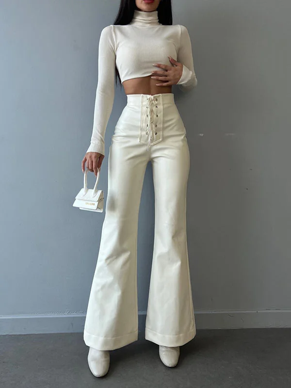 Split-Joint Lace-Up High Waisted Flared Trousers Pants