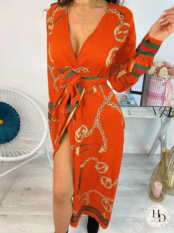 Deep V Slit Maxi Dress With Printed Belt for Women