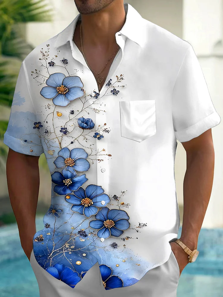 Blue Floral Men's Pocket Short Sleeve Shirts