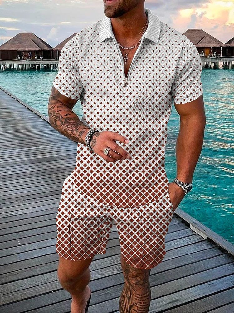 Men's Casual Diamond-Shaped Dark Red Printed Polo Suit