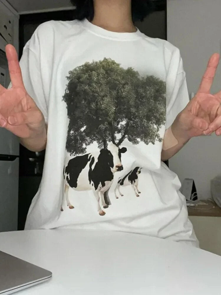 Niche design cute cow pattern print short-sleeved y2k T-shirt women's summer new 2022 Oversized t-shirt Female Top Woman clothes