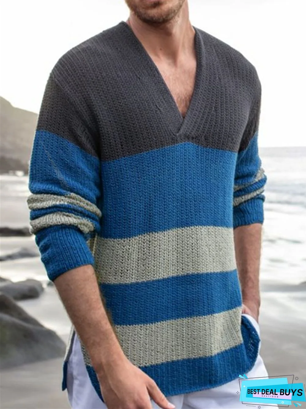 Contrast Color Stripe V-Neck Long Sleeve Men's Knitted Sweater