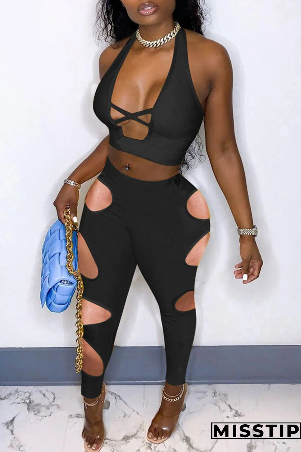 Black Fashion Sexy Solid Hollowed Out Backless Halter Sleeveless Two Pieces