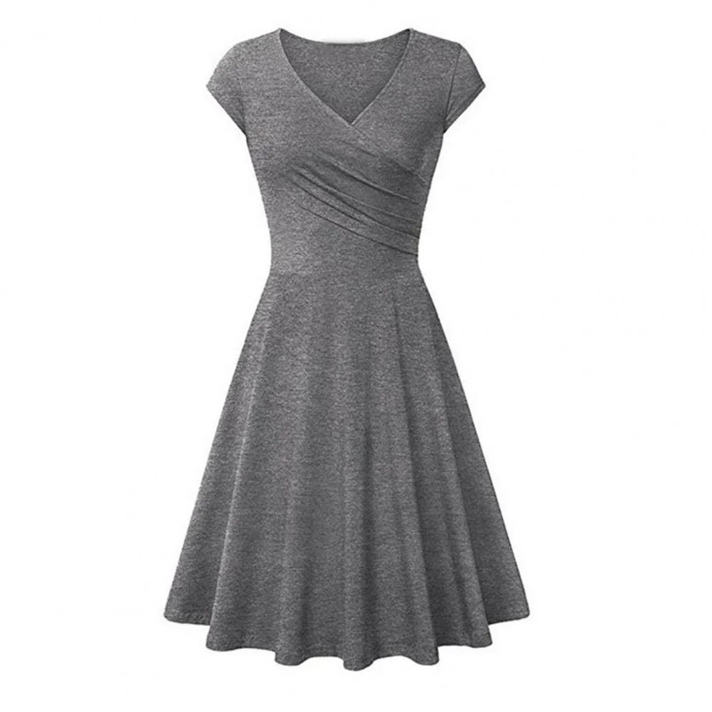 2023 Women Slim Dress A-Line T-shirt Style Basic Dress Cross Wrap V-Neck Short Sleeve Swing Dress Pleated Large Hem Streetwear