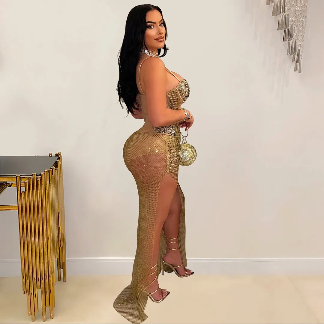 Churchf Churchf Fashion Women's Sexy Mesh Hot Diamond Long Skirt Dress
