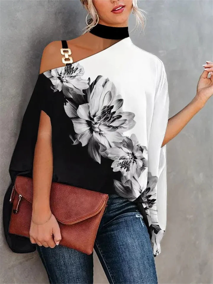 Women's Fashion Print Halter Neck One Shoulder Short Sleeve Shirts