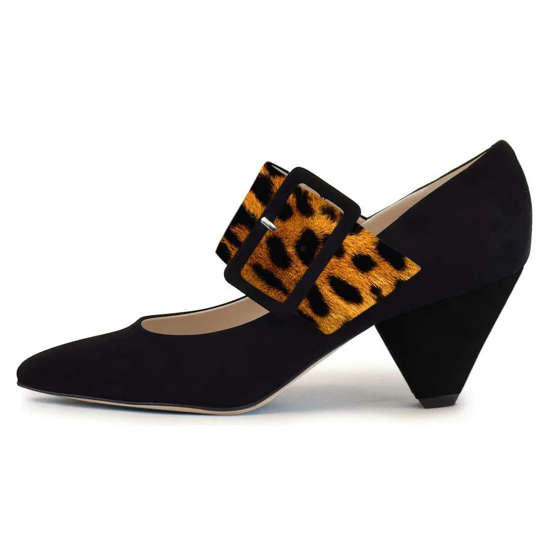 Faux Suede Pointed Toe Buckle Leopard Strap Heel Pumps in Black