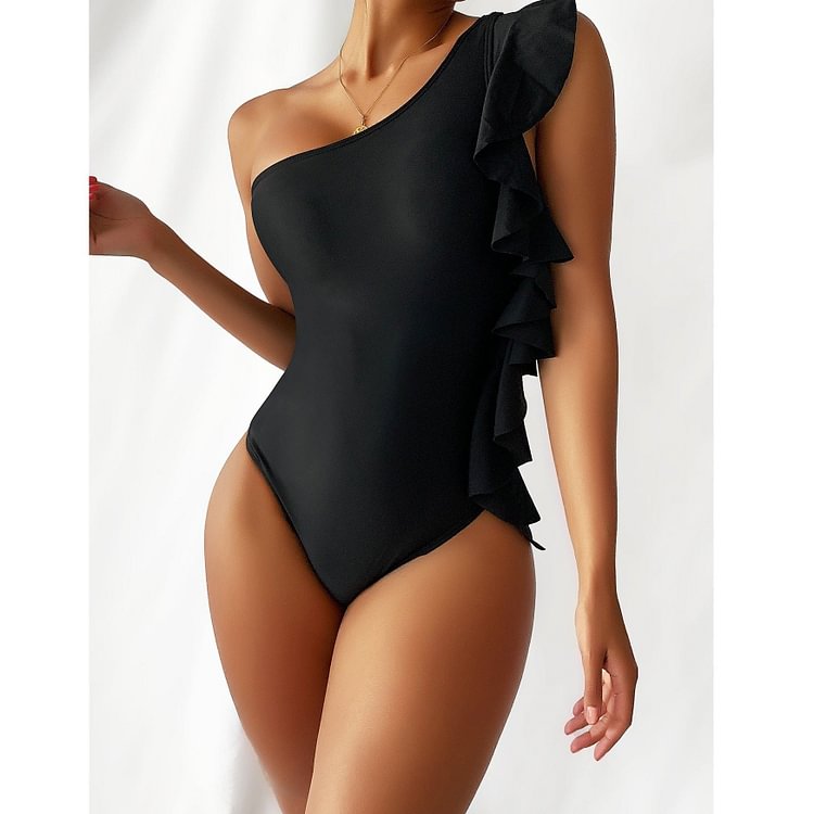 Sexy Ruffle One Shoulder One Piece Swimsuit 