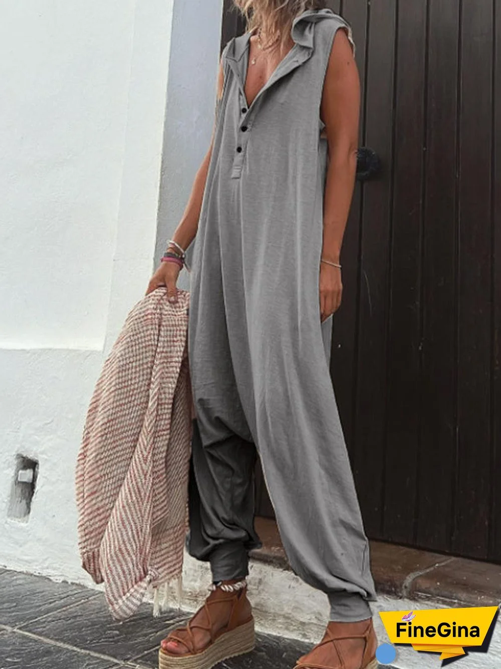 Women's Simple Loose Sleeveless V-neck Jumpsuits