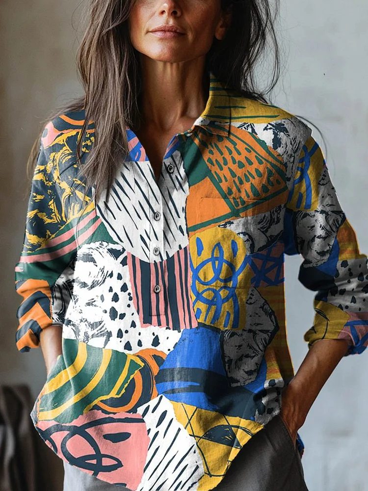 Women's Abstract Patchwork Pattern Art Print Casual Cotton And Linen Shirt