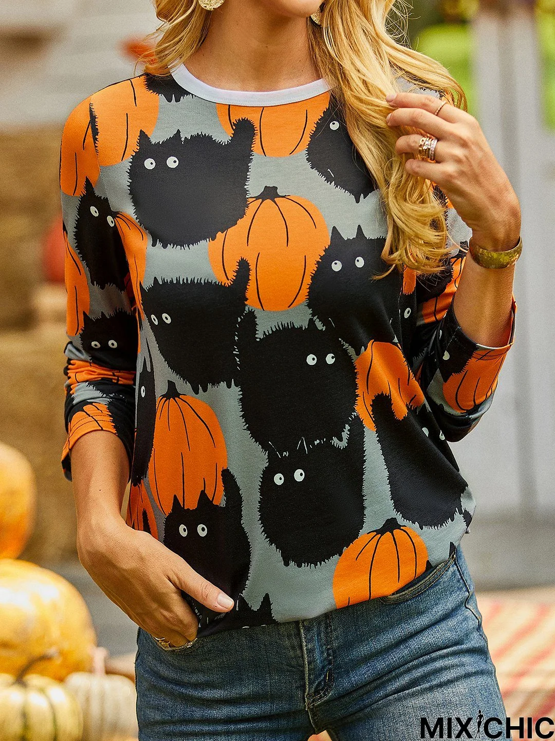 Halloween Graphic Casual Long Sleeve Tunic T-Shirt