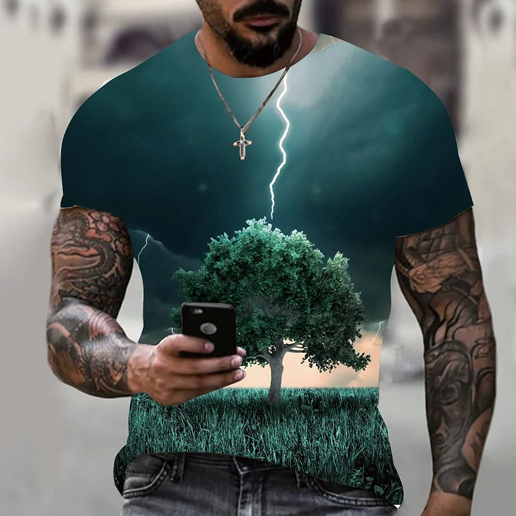 Lightning Pattern Casual Crew Neck Short Sleeve Summer Tops Men's T-Shirts at Hiphopee