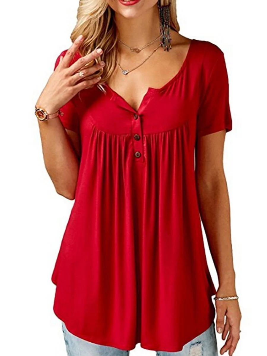 V-Neck  Asymmetric Hem Button Short Sleeve T-Shirts