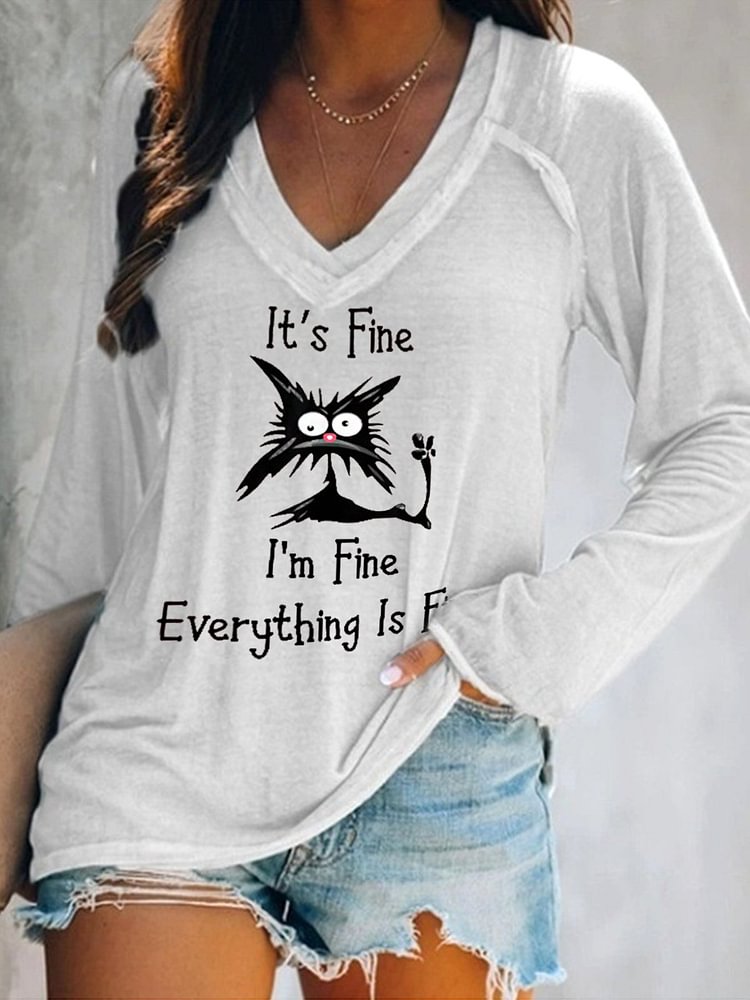 Women's It's Fine I'm Fine Everything Is Fine Funny Cat Long Sleeve T-Shirt