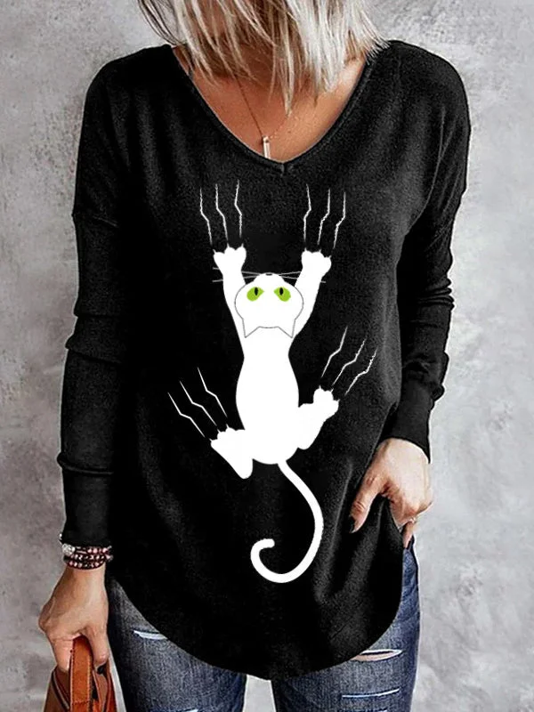 Women's Long Sleeve V-Neck Graphic Cat Tops