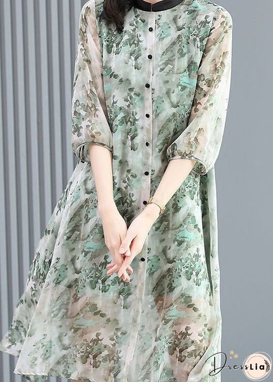 Vintage Grey Stand Collar Patchwork Print Silk Shirts Dress Spring