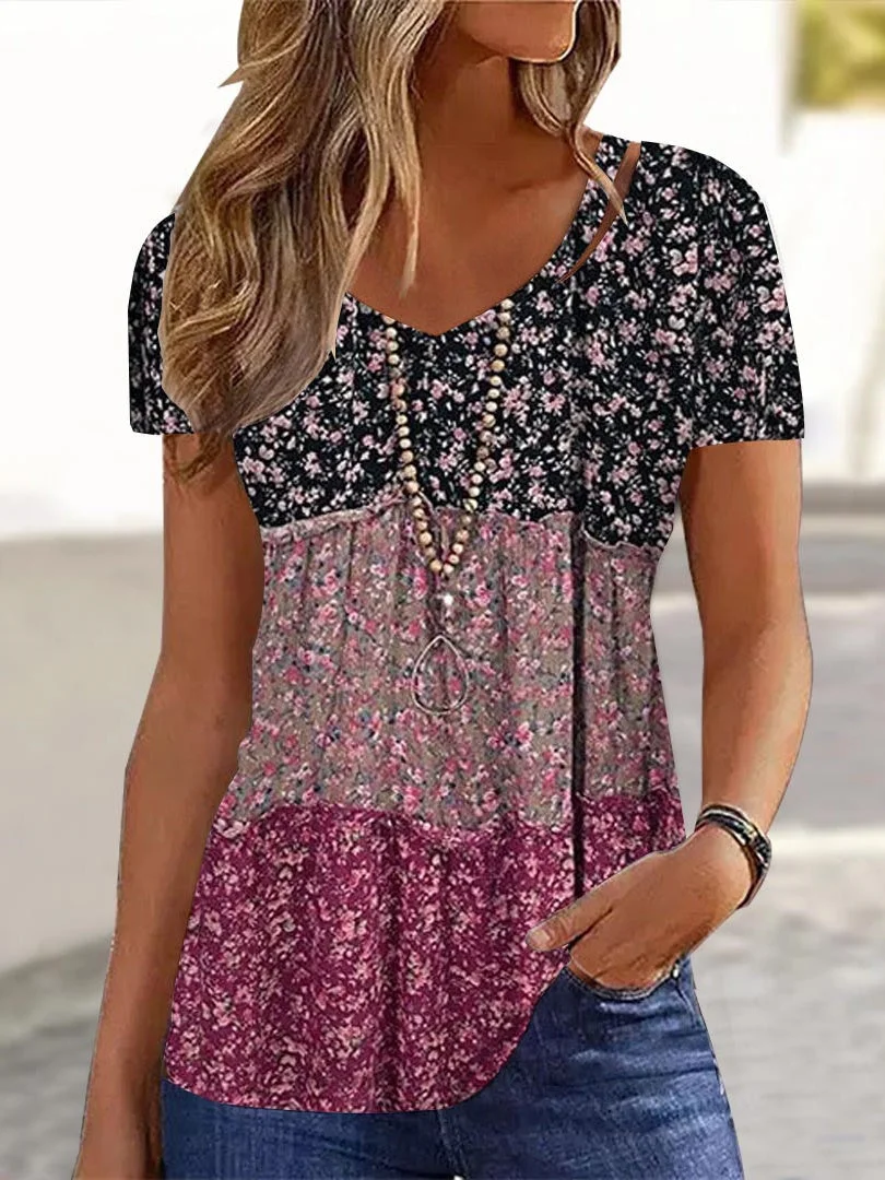 Women's Short Sleeve V-neck Floral Printed Stitching Top