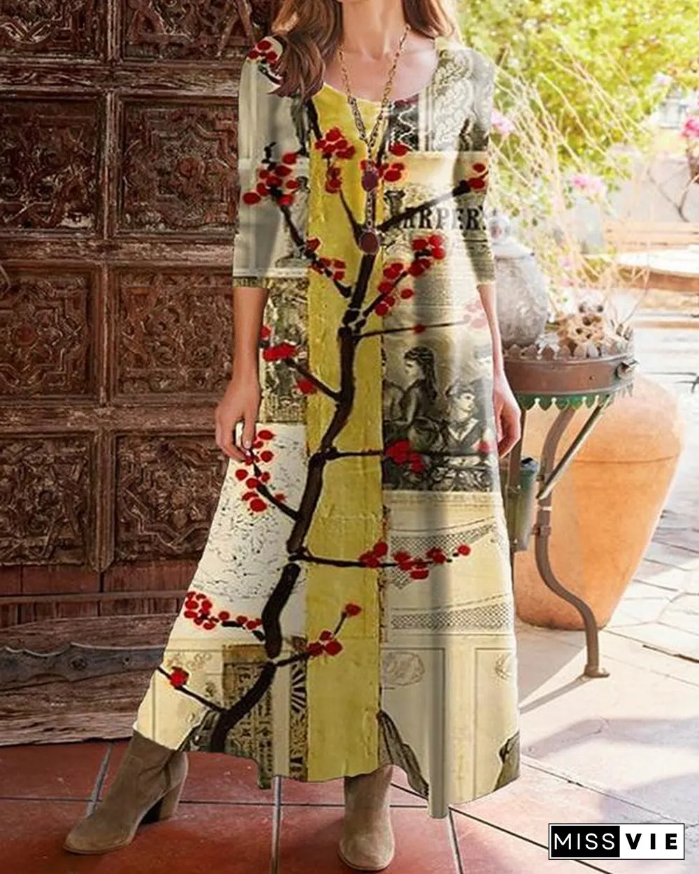 Retro Print Round Neck Three-quarter Sleeve Dress