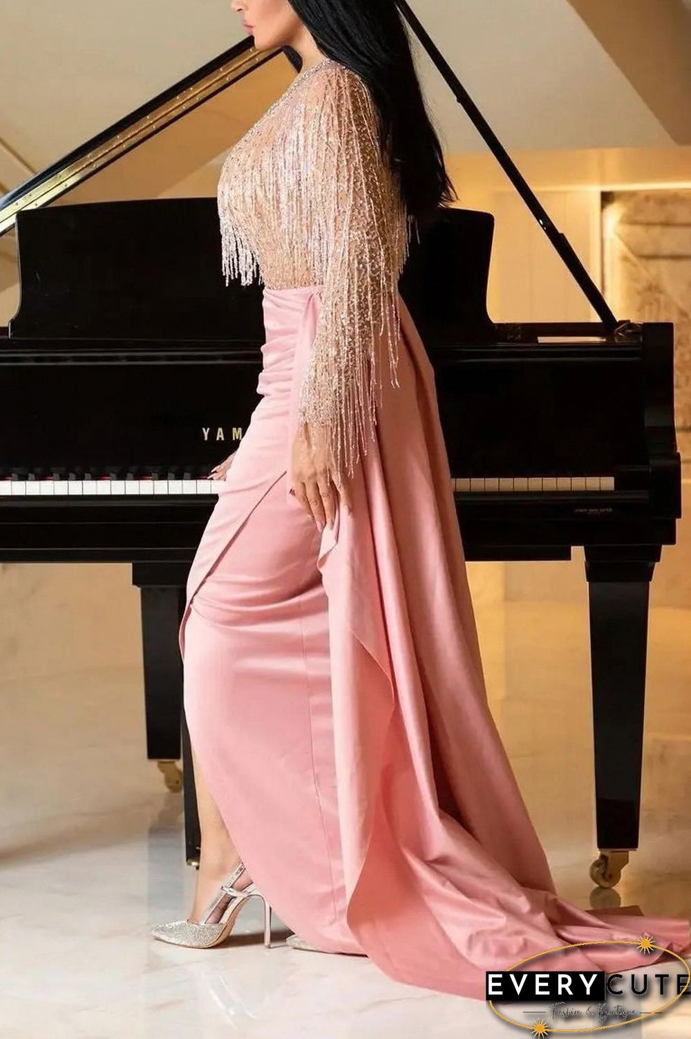 Long Pink V-Neck Long Sleeve Formal Evening Dress