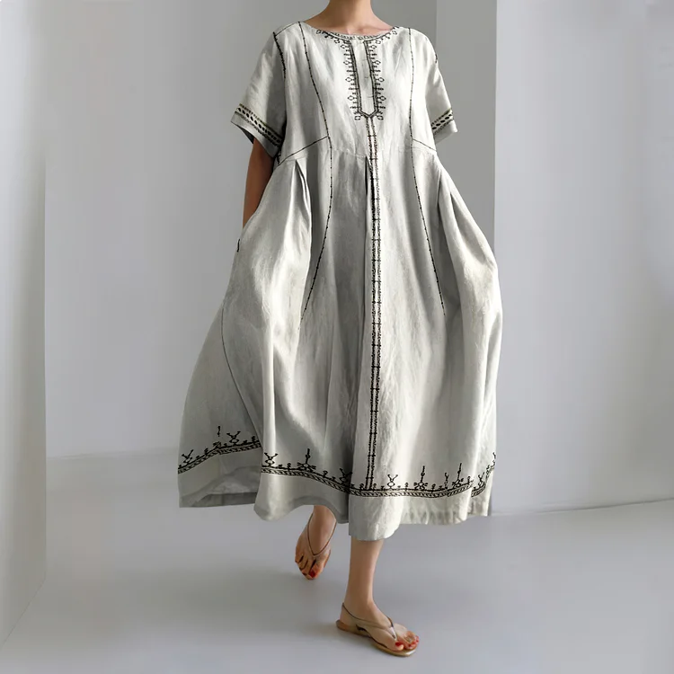 Vintage Pippa Embroidered Cotton  Pattern Linen Blend Maxi Dress
