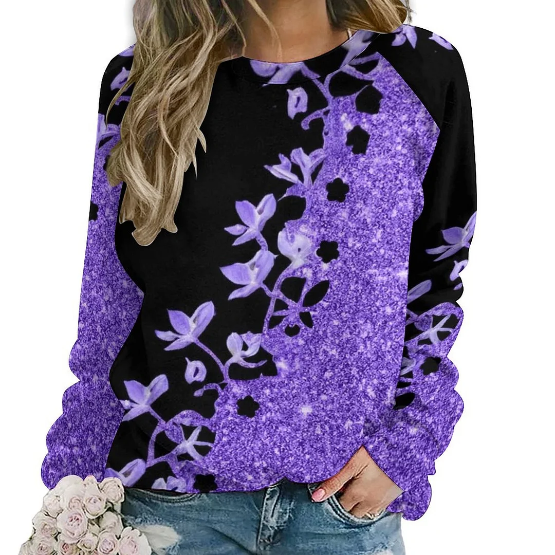 Printed Long Sleeve Casual Sweatshirt for  Women and Men Unisex Pattern Purple, Floral, Glitter