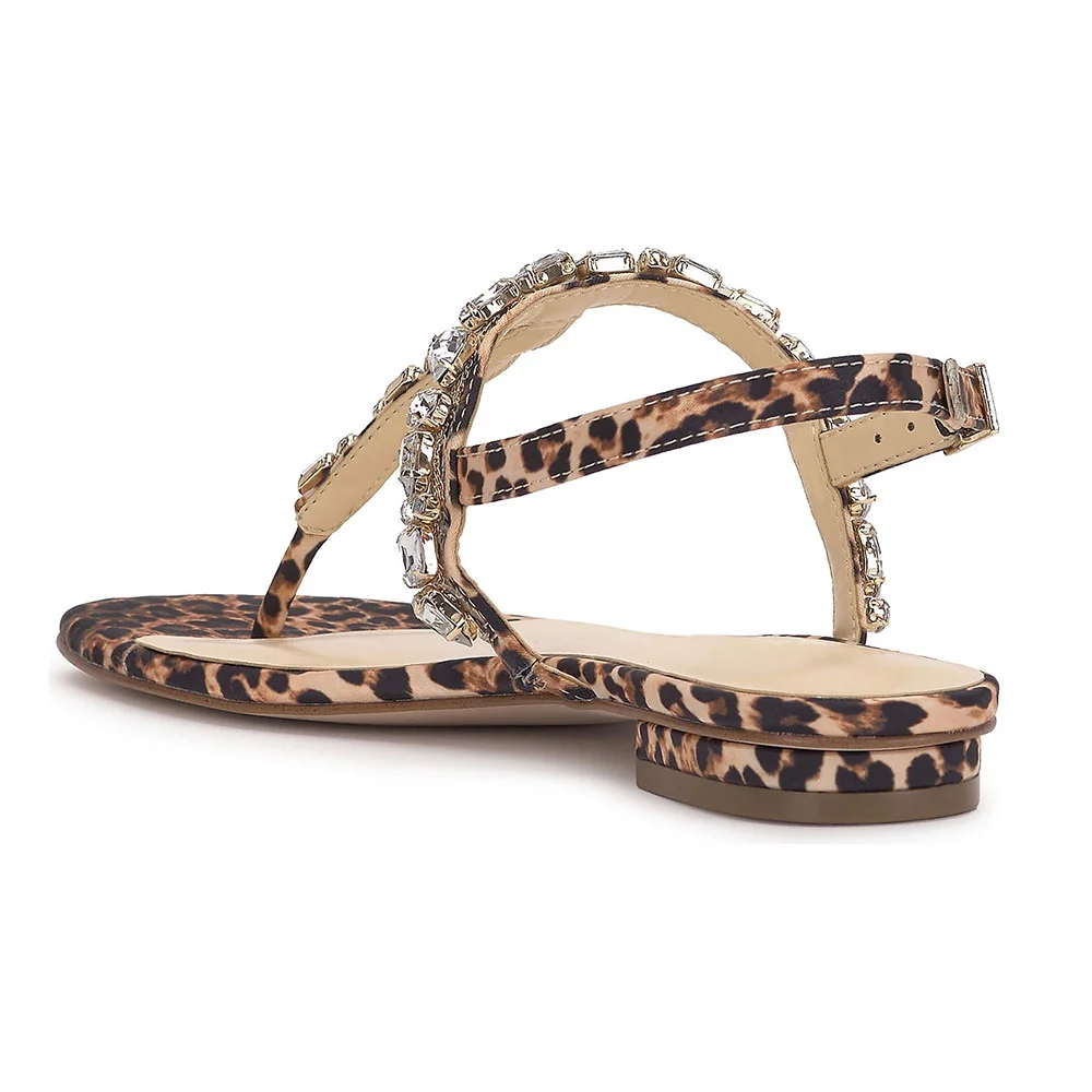 Leopard Print Open Toe Rhinestones Flip Flops Flat Sandals for Women