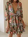 Floral Print Loose Half Sleeve Deep V-Neck Casual Mini Dress