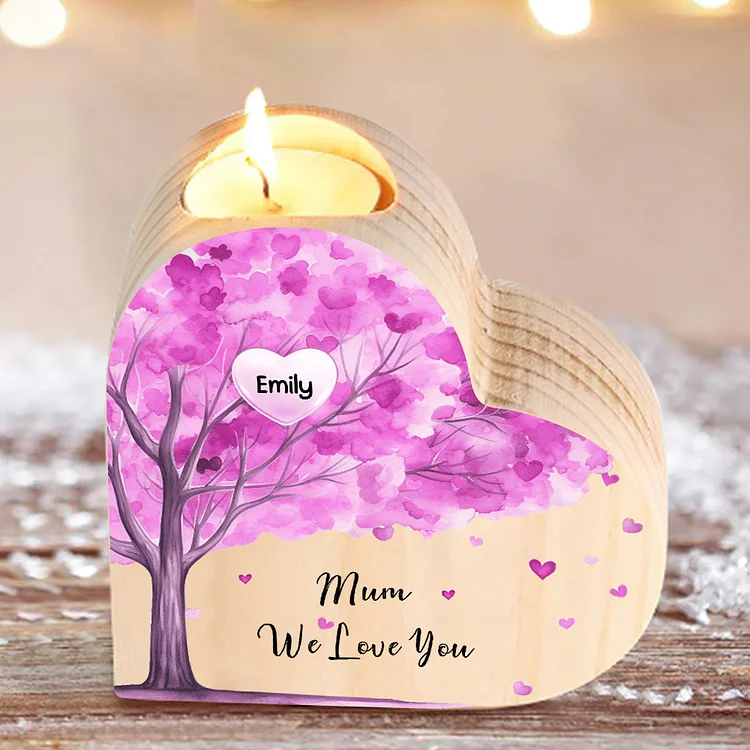1 Name-Personalized Purple Heart Tree Heart-Shape Candlestick Set With Gift Box Custom Text  Mother's Day Gift Wooden Custom Candle Holder For Family